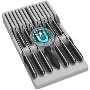 Magnetic Drawer Knife Organizers Insert, Kitchen Plastic In Drawer Knife Block Slots, Steak Chefs Knives Holder Storage Sets for 12 Knives and 1 Sharpening Steel, Large, Gray Magnetic Drawer Knife Organizers Insert, Kitchen Plastic In Drawer Knife Block Slots, Steak Chefs Knives Holder Storage Sets for 12 Knives and 1 Sharpening Steel, Large, Gray