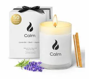 Calming Organic Soy Scented Candles with Essential Oil | Natural Candles Non Toxic |Home, Birthday, Christmas Gifts & Aromatherapy | 50 H Burning | Lavender, Basil & Jasmine, 8.5 oz Calming Organic Soy Scented Candles with Essential Oil | Natural Candles Non Toxic |Home, Birthday, Christmas Gifts & Aromatherapy | 50 H Burning | Lavender, Basil & Jasmine, 8.5 oz