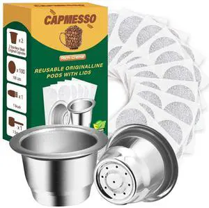 Reusable Capsules for Nespresso OriginalLine, Refillable Coffee Pods Stainless Steel Cups Compatible with Nespresso OriginalLine Brewer(2 Pods+100 Lids) Reusable Capsules for Nespresso OriginalLine, Refillable Coffee Pods Stainless Steel Cups Compatible with Nespresso OriginalLine Brewer(2 Pods+100 Lids)