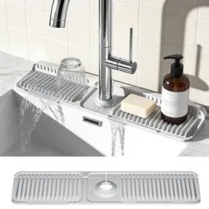 24 Inch Faucet Mat for Kitchen Sink, Silicone Splash Guard for Kitchen Sink Area, 7° Slope Fast Self-Draining Sink Mat, Cuttable Hole Design, Sink Backsplash Guard Draining Mat, Grey 24 Inch Faucet Mat for Kitchen Sink, Silicone Splash Guard for Kitchen Sink Area, 7° Slope Fast Self-Draining Sink Mat, Cuttable Hole Design, Sink Backsplash Guard Draining Mat, Grey