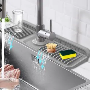 17.7-Inch Kitchen Sink Splash Guard Mat | 7° Slope for Fast Self-Draining | Snap-Lock Design | Universal & Cuttable Silicone Faucet Mat Gray 17.7-Inch Kitchen Sink Splash Guard Mat | 7° Slope for Fast Self-Draining | Snap-Lock Design | Universal & Cuttable Silicone Faucet Mat Gray