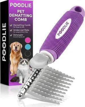 Dematting Fur Rake Comb Brush for Dogs and Cats - Long 2.5" Steel Safety Blades Metal Comb for Detangling Matted or Knotted Undercoat Hair Dematting Fur Rake Comb Brush for Dogs and Cats - Long 2.5" Steel Safety Blades Metal Comb for Detangling Matted or Knotted Undercoat Hair