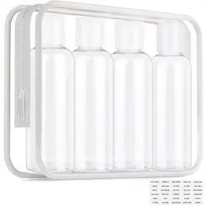 Clear Toiletry Travel Bottles, 3.4oz/100ml TSA Approved Empty Containers with Toiletry Bag - Cosmetic Kit with Labels for Shampoo, Conditioner, Lotion, and Airplane Accessories(4Pack, White) Clear Toiletry Travel Bottles, 3.4oz/100ml TSA Approved Empty Containers with Toiletry Bag - Cosmetic Kit with Labels for Shampoo, Conditioner, Lotion, and Airplane Accessories(4Pack, White)