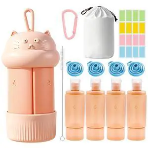 4 in 1 Portable Travel Dispenser Bottle Set (4 x 15 mL) Refillable Leakproof Travel Bottles with Cleaning Brush, Carabiner, Labels, Drawstring Pouch & 4 Funnels for Shampoo, Lotion & Body Wash(Beige) 4 in 1 Portable Travel Dispenser Bottle Set (4 x 15 mL) Refillable Leakproof Travel Bottles with Cleaning Brush, Carabiner, Labels, Drawstring Pouch & 4 Funnels for Shampoo, Lotion & Body Wash(Beige)