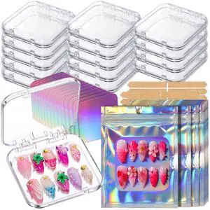 Press on Nail Storage Box, Press on Nail Packaging with 15 Pcs Acrylic Nail Display Case, 15 Sets Holographic Bags & Cards 60 Pcs Double Sided Tape, Press on Kit for Small Business Nail Salon Press on Nail Storage Box, Press on Nail Packaging with 15 Pcs Acrylic Nail Display Case, 15 Sets Holographic Bags & Cards 60 Pcs Double Sided Tape, Press on Kit for Small Business Nail Salon