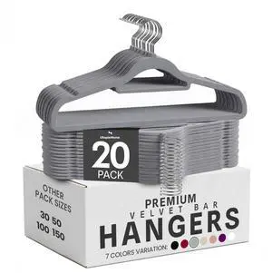 Velvet Hangers 20 Pack Premium Hangers with Tie Bar - Grey Velvet Hangers 20 Pack Premium Hangers with Tie Bar - Grey