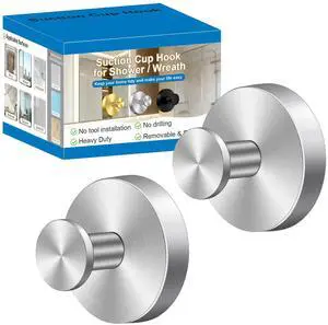 Suction Cup Hooks for Shower Stainless Steel Suction Wreath Hanger for Glass Door No-Drill Removable and Reusable Suction Cup Hook for Loofah, Towel, Bathrobe, Holds Up to 15 Lbs - 2Pack, Silver Suction Cup Hooks for Shower Stainless Steel Suction Wreath Hanger for Glass Door No-Drill Removable and Reusable Suction Cup Hook for Loofah, Towel, Bathrobe, Holds Up to 15 Lbs - 2Pack, Silver