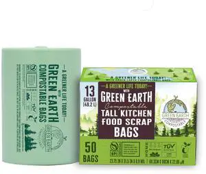 Tall Kitchen Food Scrap Trash Bags, Superior Strength 0.9 Mil, Compost Bin Compatible, 13 Gallon, 49 Liter, 50-Count, ASTM D6400, BPI (US) & OK Compost Home (EU) Certified Tall Kitchen Food Scrap Trash Bags, Superior Strength 0.9 Mil, Compost Bin Compatible, 13 Gallon, 49 Liter, 50-Count, ASTM D6400, BPI (US) & OK Compost Home (EU) Certified