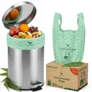 50 Home Compostable Trash Bags, Easy Tie Handles, 1.6 Gallon 50 Home Compostable Trash Bags, Easy Tie Handles, 1.6 Gallon