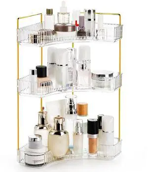 3 Tiers Corner Bathroom Counter Organizer, Clear Countertop Shelf Storage Rack, Cosmetic Perfume Tray Standing Holder with Gold Metal Pole, Skincare Sink Organizer for Vanity Kitchen 3 Tiers Corner Bathroom Counter Organizer, Clear Countertop Shelf Storage Rack, Cosmetic Perfume Tray Standing Holder with Gold Metal Pole, Skincare Sink Organizer for Vanity Kitchen