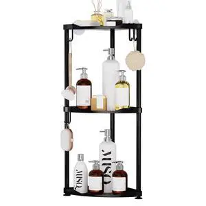 Corner Shower Caddy Standing - 3 Tier Stainless Steel Shower Organizer Stand, Large Capacity Floor Shelf with 4 Hooks, Rustproof Bathroom Storage Rack, Black Corner Shower Caddy Standing - 3 Tier Stainless Steel Shower Organizer Stand, Large Capacity Floor Shelf with 4 Hooks, Rustproof Bathroom Storage Rack, Black