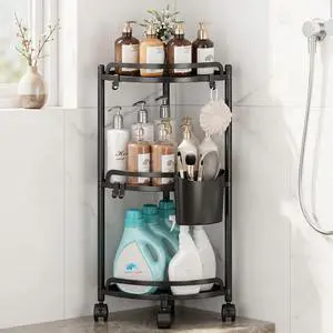 Corner Shower Caddy Standing, 3 Tier Bathroom Shower Shelves Organizer Storage with Toothbrush Holder and 4 Hooks, Large Capacity Corner Shelf for Bathroom, Kitchen Corner Shower Caddy Standing, 3 Tier Bathroom Shower Shelves Organizer Storage with Toothbrush Holder and 4 Hooks, Large Capacity Corner Shelf for Bathroom, Kitchen