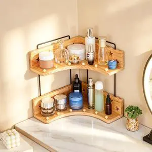 2-Tier Bathroom Countertop Organizer - Rustic Wood & Metal Vanity Corner Shelf - Space-Saving Skincare & Cosmetic Storage Rack - Multipurpose Desktop Display Stand for Kitchen (Brown) 2-Tier Bathroom Countertop Organizer - Rustic Wood & Metal Vanity Corner Shelf - Space-Saving Skincare & Cosmetic Storage Rack - Multipurpose Desktop Display Stand for Kitchen (Brown)