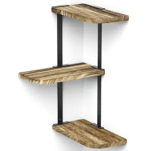 Corner Wall Shelf,3-Tier,Solid Wood,17" Tall,Carbonized Black Corner Wall Shelf,3-Tier,Solid Wood,17" Tall,Carbonized Black