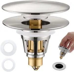 3-in-1 Universal Bathroom Sink Stopper - Brushed Nickel Pop Up Sink Drain Stopper, Brass Bounce Bullet Core Sink Stopper Replacement, Wash Basin Drain Filter Plug with Anti-Clogging Strainer 3-in-1 Universal Bathroom Sink Stopper - Brushed Nickel Pop Up Sink Drain Stopper, Brass Bounce Bullet Core Sink Stopper Replacement, Wash Basin Drain Filter Plug with Anti-Clogging Strainer