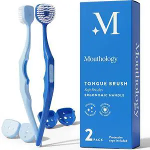 Soft Bristle Tongue Brush for Adults for Bad Breath, Halitosis & Oral Hygiene - Tongue Scraper Brush with Ergonomic Handle & Protective Cap for Easy Storage & Travel - 2 Pack Soft Bristle Tongue Brush for Adults for Bad Breath, Halitosis & Oral Hygiene - Tongue Scraper Brush with Ergonomic Handle & Protective Cap for Easy Storage & Travel - 2 Pack
