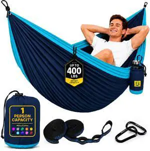 Durable Hammock 400 lb Capacity, Nylon Camping Hammock Chair - Double or Single Sizes w/Tree Straps and Attached Carry Bag - Portable for Travel/Backpacking/Beach/Backyard (Medium, Blue & Light Blue) Durable Hammock 400 lb Capacity, Nylon Camping Hammock Chair - Double or Single Sizes w/Tree Straps and Attached Carry Bag - Portable for Travel/Backpacking/Beach/Backyard (Medium, Blue & Light Blue)