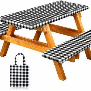 Vinyl Fitted Picnic Table Cover with Bench Covers & Bag 6ft Black Checkered Vinyl Fitted Picnic Table Cover with Bench Covers & Bag 6ft Black Checkered