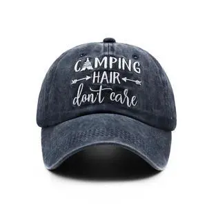Women's Embroidered Camping Hair Don't Care Hat Washed Cotton Cap Navy Women's Embroidered Camping Hair Don't Care Hat Washed Cotton Cap Navy