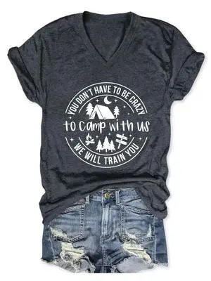 You Don't Have to Be Crazy to Camp with Us Women's T-Shirt - V Neck Short Sleeve Casual Camping Outdoor Tee(Dark Gray1-XL) You Don't Have to Be Crazy to Camp with Us Women's T-Shirt - V Neck Short Sleeve Casual Camping Outdoor Tee(Dark Gray1-XL)