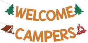 Welcome Campers Banner - Camping Theme Birthday Bachelorette Party Decor, Family Camp Day Party Decor, Forest Adventure Baby Shower Decorations Orange Glitter Welcome Campers Banner - Camping Theme Birthday Bachelorette Party Decor, Family Camp Day Party Decor, Forest Adventure Baby Shower Decorations Orange Glitter