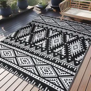 Outdoor Rug 5x8 ft Waterproof Reversible Boho Mat, Black & White Outdoor Rug 5x8 ft Waterproof Reversible Boho Mat, Black & White