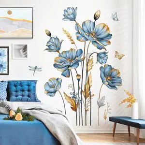 Blue Flower Butterfly Gold Leaves Plants Wall Decals Stickers(XL) Blue Flower Butterfly Gold Leaves Plants Wall Decals Stickers(XL)