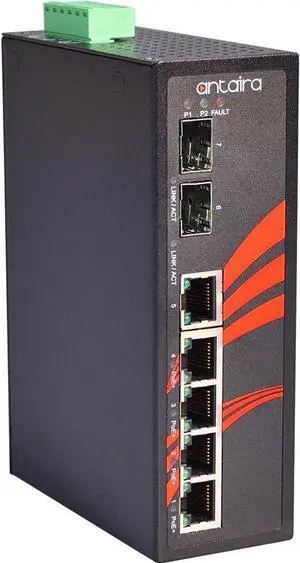 Antaira LNP-0702G-SFP-24-T Industrial-Grade 7-Port PoE Unmanaged Gigabit Ethernet Switch, 2 SFPs, DIN-Rail Mount, -40 to 75°C Operating Temperature, Redundant 12 to 55 VDC Power Input, 5-Year Warranty Antaira LNP-0702G-SFP-24-T Industrial-Grade 7-Port PoE Unmanaged Gigabit Ethernet Switch, 2 SFPs, DIN-Rail Mount, -40 to 75°C Operating Temperature, Redundant 12 to 55 VDC Power Input, 5-Year Warranty