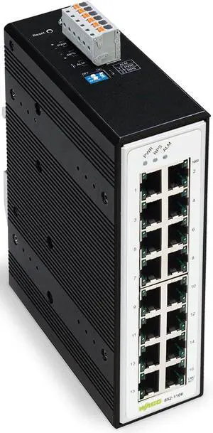 WAGO Industrial Switch 852-1106, with 16 10/100/1000 Mbit/s ETHERNET Ports Autonegotiation and Front-Panel Diagnostic LEDs, Supports up to 8000 Absolute MAC Addresses WAGO Industrial Switch 852-1106, with 16 10/100/1000 Mbit/s ETHERNET Ports Autonegotiation and Front-Panel Diagnostic LEDs, Supports up to 8000 Absolute MAC Addresses
