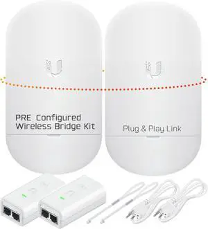Pre-Configured Wireless Bridge LOCO 5AC Kit Plug & Play Point-to-Point Ethernet Link, Long-Range Outdoor Network Extension, Includes PoE Injectors & Cables, DHCP Pre-Configured Wireless Bridge LOCO 5AC Kit Plug & Play Point-to-Point Ethernet Link, Long-Range Outdoor Network Extension, Includes PoE Injectors & Cables, DHCP