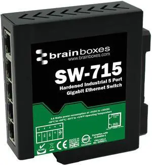 Brainboxes - SW-715 - Brainboxes Hardened Industrial 5 Port Gigabit Ethernet Switch DIN Rail Mountable - 5 Ports - TAA Compliant - 2 Layer Supported - Twisted Pair - DIN Rail Mountable - Lifetime Brainboxes - SW-715 - Brainboxes Hardened Industrial 5 Port Gigabit Ethernet Switch DIN Rail Mountable - 5 Ports - TAA Compliant - 2 Layer Supported - Twisted Pair - DIN Rail Mountable - Lifetime