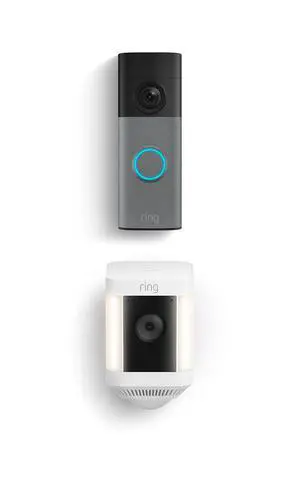 Ring Battery Doorbell (newest model), Speckled Gray with Ring Spotlight Cam Plus, Battery, White Ring Battery Doorbell (newest model), Speckled Gray with Ring Spotlight Cam Plus, Battery, White