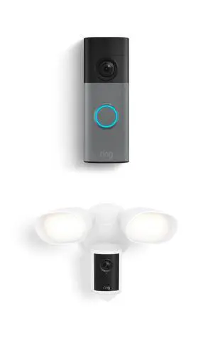 Ring Battery Doorbell (newest model), Speckled Gray with Floodlight Cam Pro (newest model), White Ring Battery Doorbell (newest model), Speckled Gray with Floodlight Cam Pro (newest model), White