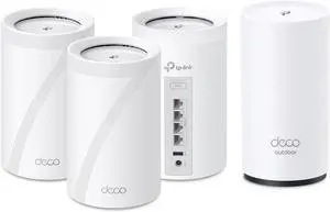 TP-Link Deco 7 Pro Mesh Bundle - 3X BE10000 Tri-Band Indoor Units + 1x BE5000 Dual-Band Outdoor Unit, Covers up to 9,800 sq. ft., 2.5G Wired Backhaul, PoE+, IP65 - BE63 (3-Pack) + BE25 Outdoor TP-Link Deco 7 Pro Mesh Bundle - 3X BE10000 Tri-Band Indoor Units + 1x BE5000 Dual-Band Outdoor Unit, Covers up to 9,800 sq. ft., 2.5G Wired Backhaul, PoE+, IP65 - BE63 (3-Pack) + BE25 Outdoor