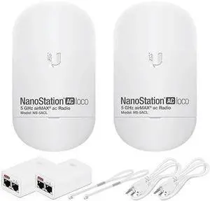 Wireless Bridge Ubiquiti LOCO5AC PRE-CONFIGURED, Bundle of 2 Nanostation LOCO 5AC, 2 Poles Kit and 4 CAT 8 Cable 6FT, Point to Point Outdoor WiFi Bridge, Plugh and Play, 5GHz, 450+Mbps, 10+km Wireless Bridge Ubiquiti LOCO5AC PRE-CONFIGURED, Bundle of 2 Nanostation LOCO 5AC, 2 Poles Kit and 4 CAT 8 Cable 6FT, Point to Point Outdoor WiFi Bridge, Plugh and Play, 5GHz, 450+Mbps, 10+km