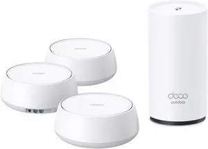 TP-Link Deco 7 Mesh Bundle - 3X BE5000 Dual-Band Indoor Units + 1x BE5000 Outdoor Unit, Covers up to 9,000 sq. ft., 2.5G Wired Backhaul, PoE+, IP65, Homeshield - BE25 (3-Pack) + BE25 Outdoor TP-Link Deco 7 Mesh Bundle - 3X BE5000 Dual-Band Indoor Units + 1x BE5000 Outdoor Unit, Covers up to 9,000 sq. ft., 2.5G Wired Backhaul, PoE+, IP65, Homeshield - BE25 (3-Pack) + BE25 Outdoor