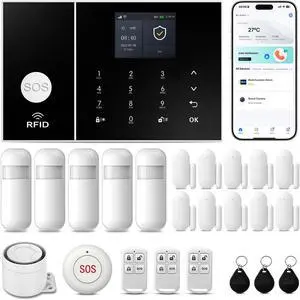 Wireless Alarm System for Home Security,24Pcs WiFi+GSM/4G Home Alarm System with Loud Alarm Security System,SOS Button,Window Alarms, APP Control,Motion Sensors,Compatible with Alexa,NO Monthly Fee Wireless Alarm System for Home Security,24Pcs WiFi+GSM/4G Home Alarm System with Loud Alarm Security System,SOS Button,Window Alarms, APP Control,Motion Sensors,Compatible with Alexa,NO Monthly Fee