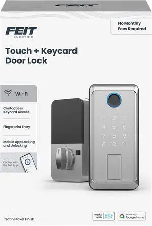 Feit Electric Smart Touch, Keycard Door Lock, Fingerprint, NFC Keycard, Keypad, App Control, Auto-Lock, 100 Codes, Weatherproof, USB-C Backup, Smart Home Security Lock, Satin Nickel Finish Feit Electric Smart Touch, Keycard Door Lock, Fingerprint, NFC Keycard, Keypad, App Control, Auto-Lock, 100 Codes, Weatherproof, USB-C Backup, Smart Home Security Lock, Satin Nickel Finish