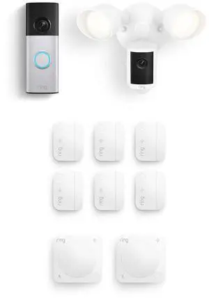 Ring Battery Doorbell Plus (newest model), Nickel Silver with Floodlight Cam, Wired (newest model), White, Window & Door Sensor 6-Pack, and Motion Detector 2-Pack Ring Battery Doorbell Plus (newest model), Nickel Silver with Floodlight Cam, Wired (newest model), White, Window & Door Sensor 6-Pack, and Motion Detector 2-Pack