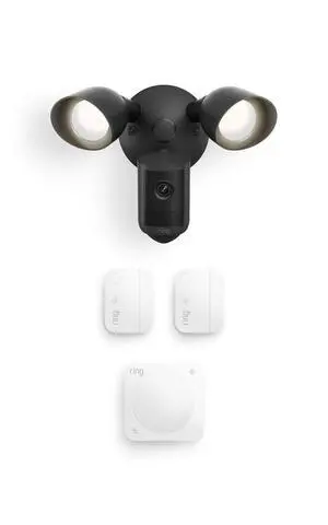 Ring Floodlight Cam, Wired (newest model), Black with Window & Door Sensor 2-Pack and Motion Detector Ring Floodlight Cam, Wired (newest model), Black with Window & Door Sensor 2-Pack and Motion Detector
