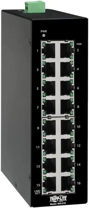 Tripp Lite Industrial 16 Port Ethernet Network Switch 10/100/1000 Mbps -40° to 167°F Unmanaged TAA Compliant DIN Mount (NGI-U16) Tripp Lite Industrial 16 Port Ethernet Network Switch 10/100/1000 Mbps -40° to 167°F Unmanaged TAA Compliant DIN Mount (NGI-U16)