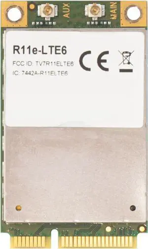 MikroTik R11e-LTE6 2G/3G/4G/LTE miniPCI-e Card with Carrier Aggregation Support (up to 300 Mbps) for Bands 1/2/3/5/7/8/12/17/20/25/26/38/39/40/41n MikroTik R11e-LTE6 2G/3G/4G/LTE miniPCI-e Card with Carrier Aggregation Support (up to 300 Mbps) for Bands 1/2/3/5/7/8/12/17/20/25/26/38/39/40/41n