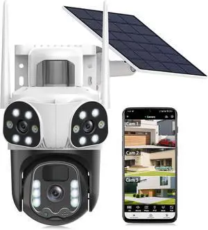 4K Solar Security Cameras Wireless Outdoor with Triple-Lens, 360°PTZ Camera for Home Security with Color Night Vision, PIR Motion Detection, Easy to Install, 2-Way Audio, Spotlight Siren, 2.4G WiFi 4K Solar Security Cameras Wireless Outdoor with Triple-Lens, 360°PTZ Camera for Home Security with Color Night Vision, PIR Motion Detection, Easy to Install, 2-Way Audio, Spotlight Siren, 2.4G WiFi