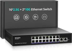 10Gbe Ethernet Switch Unmanaged with 2 x 10Gb RJ45 Ports + 16 x 2.5Gb Base-T Ports, Desktop/19-inch Rack Mount, NICGIGA 18 Port 10Gbps Network Switch for Wireless AP, NAS, PC 10Gbe Ethernet Switch Unmanaged with 2 x 10Gb RJ45 Ports + 16 x 2.5Gb Base-T Ports, Desktop/19-inch Rack Mount, NICGIGA 18 Port 10Gbps Network Switch for Wireless AP, NAS, PC