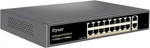 18-Port Unmanaged PoE Switch with 16 PoE+ Ports @250W 10/100Mbps and 2 Gigabit Uplink Ports, IEEE802.3af/at Supported, PoE Watchdog, VLAN Mode, Extend to 250m, Metal Fanless Plug & Play 18-Port Unmanaged PoE Switch with 16 PoE+ Ports @250W 10/100Mbps and 2 Gigabit Uplink Ports, IEEE802.3af/at Supported, PoE Watchdog, VLAN Mode, Extend to 250m, Metal Fanless Plug & Play