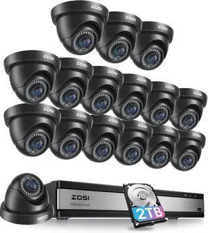 ZOSI 16 Channel Security Camera System 1080p, 2MP H.265+ Hybrid 16CH DVR with AI Human Vehicle Detect, 16 x 1080p CCTV Dome Camera Outdoor, 80ft Night Vision, 90° View Angle, Remote Access, 2TB HDD ZOSI 16 Channel Security Camera System 1080p, 2MP H.265+ Hybrid 16CH DVR with AI Human Vehicle Detect, 16 x 1080p CCTV Dome Camera Outdoor, 80ft Night Vision, 90° View Angle, Remote Access, 2TB HDD