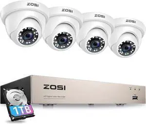 ZOSI Security Camera System 8CH 1080N/720P 4-IN-1 HD-TVI DVR Recorder with (4) 1.0MP 1280TVL Weatherproof Indoor/Outdoor Surveillance Dome Cameras, 1TB Hard Drive, Motion Alert& Remote Access (White) ZOSI Security Camera System 8CH 1080N/720P 4-IN-1 HD-TVI DVR Recorder with (4) 1.0MP 1280TVL Weatherproof Indoor/Outdoor Surveillance Dome Cameras, 1TB Hard Drive, Motion Alert& Remote Access (White)