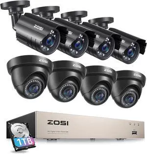 ZOSI Security Camera System 8CH 4-IN-1 HD-TVI 1080N/720P Surveillance Video Recorder with (8) 1.0MP Bullet/Dome Weatherproof CCTV Cameras 1TB Hard Drive, Motion Alert, Smartphone Remote Access ZOSI Security Camera System 8CH 4-IN-1 HD-TVI 1080N/720P Surveillance Video Recorder with (8) 1.0MP Bullet/Dome Weatherproof CCTV Cameras 1TB Hard Drive, Motion Alert, Smartphone Remote Access