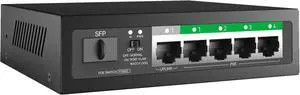 P106GC 4-Port PoE+ Unmanaged Switch, PoE, 4-Port GbE RJ45 Uplink & 1 SFP Uplink, 60W Budget, IEEE 802.3af/at, VLAN & AI Watch Dog Mode, for IP Cameras and Office Networks P106GC 4-Port PoE+ Unmanaged Switch, PoE, 4-Port GbE RJ45 Uplink & 1 SFP Uplink, 60W Budget, IEEE 802.3af/at, VLAN & AI Watch Dog Mode, for IP Cameras and Office Networks