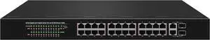 24 Port Gigabit PoE+ Switch, 24 x 10/100/1000Mbps PoE Ports, 2 Gigabit Combo Uplinks, 370W Built-in Power, 52Gbps Switching Capacity, Surge Protection for Security Camera System 24 Port Gigabit PoE+ Switch, 24 x 10/100/1000Mbps PoE Ports, 2 Gigabit Combo Uplinks, 370W Built-in Power, 52Gbps Switching Capacity, Surge Protection for Security Camera System